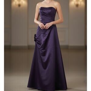 Eden Maids Strapless Plum Purple Satin Ruched Formal Ball Gown Dress Size 10